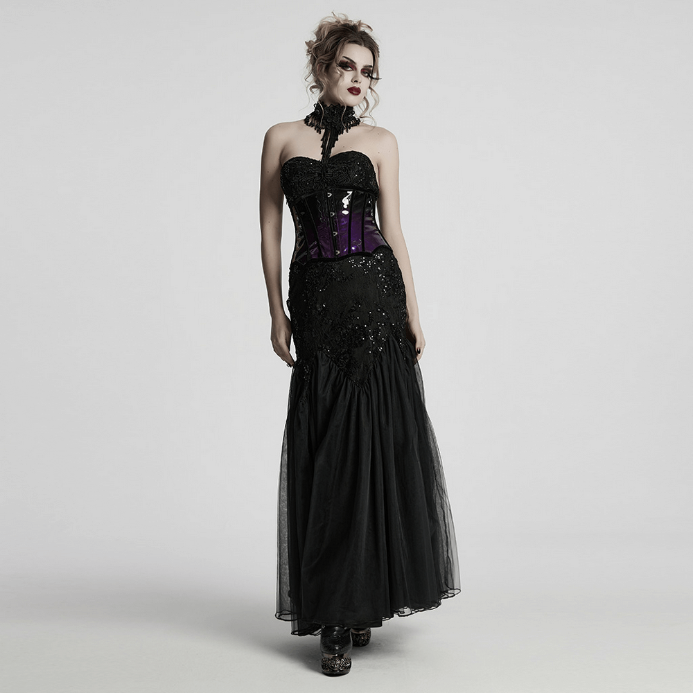 Gothic model wearing a glossy purple underbust corset with a flowing black gown and dramatic makeup.