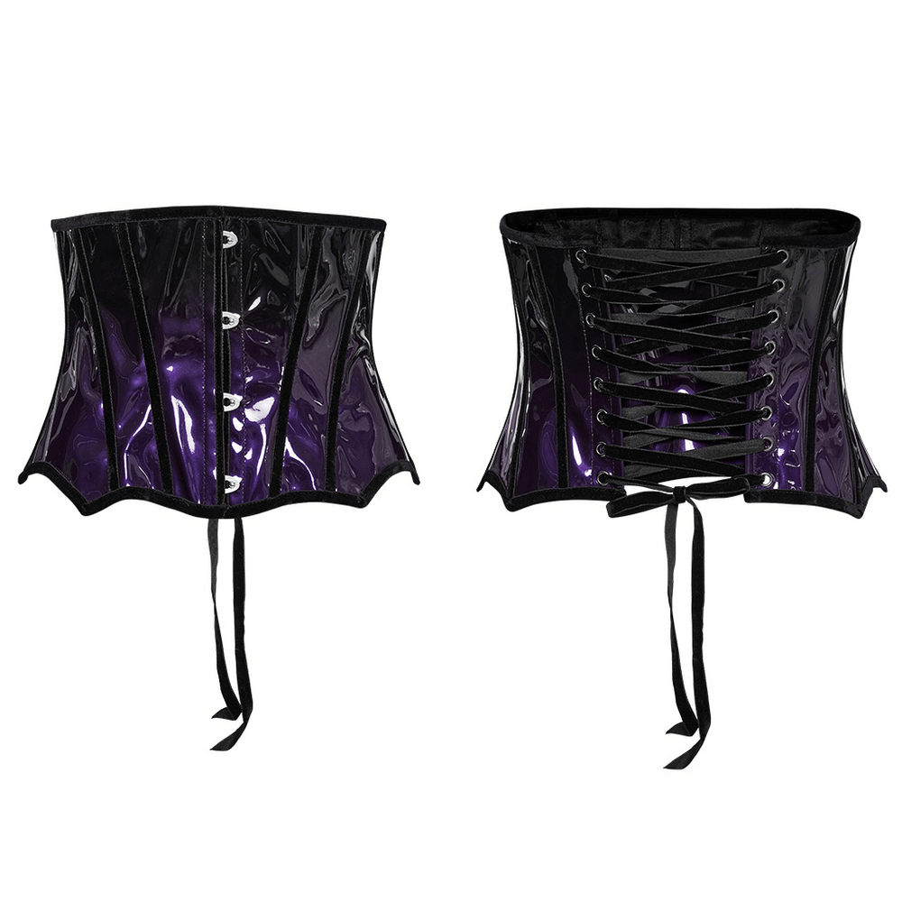 Stylish gothic glossy gradient patent leather underbust corset with front clasps and adjustable back lacing.