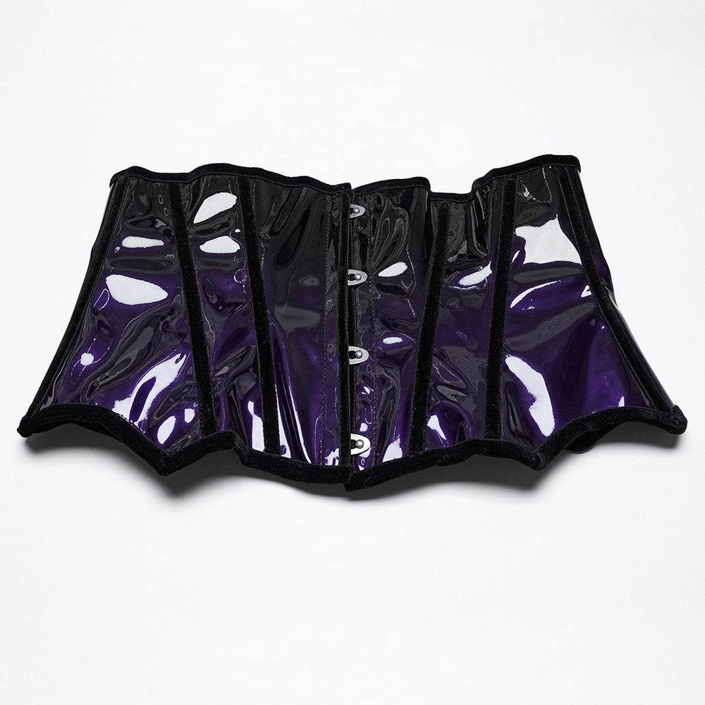 Gothic glossy gradient underbust corset in patent leather with front clasps and sleek vertical lines.