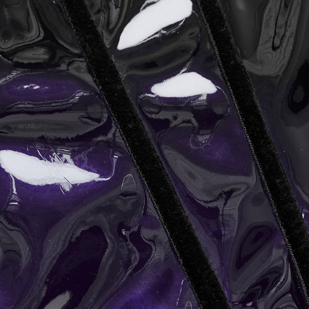 Close-up of stylish gothic glossy purple gradient patent leather, showcasing sleek texture and bold accents.