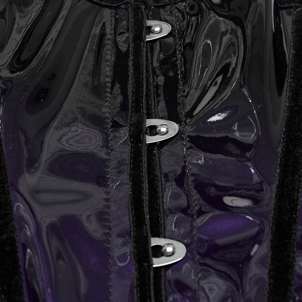 Close-up of Gothic glossy gradient underbust corset with front metal clasps and sleek design.