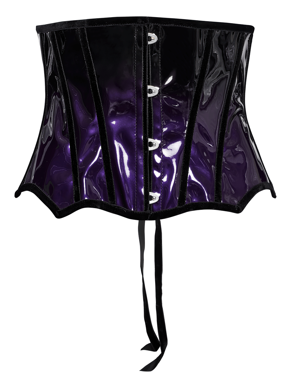 Stylish gothic glossy gradient underbust corset in patent leather, featuring front clasps and adjustable back drawstring.