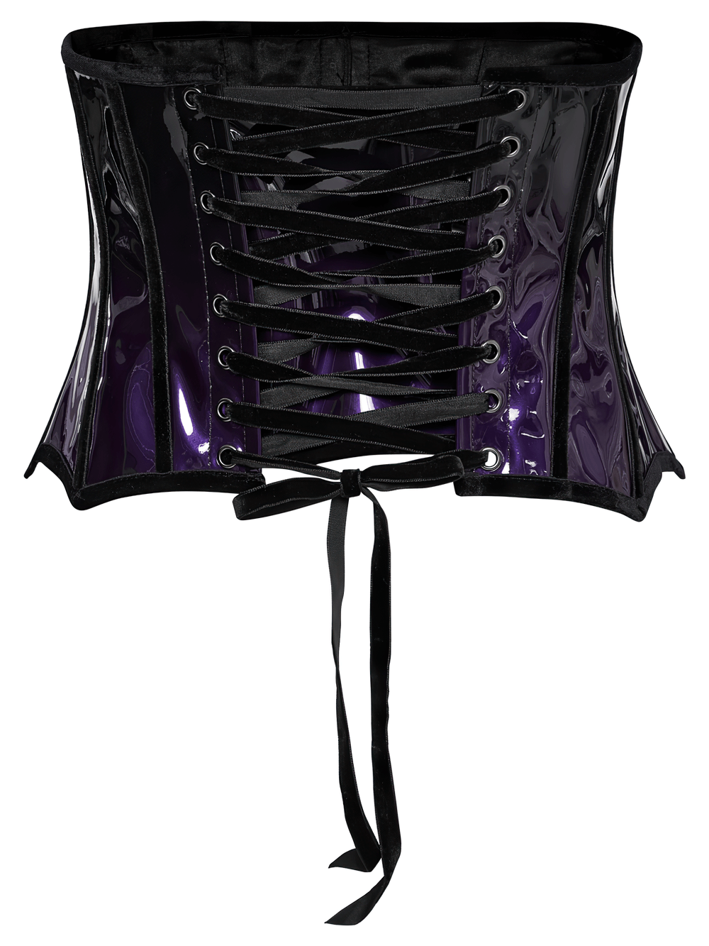 Glossy Gothic underbust corset in purple, featuring lace-up front and adjustable back drawstring.