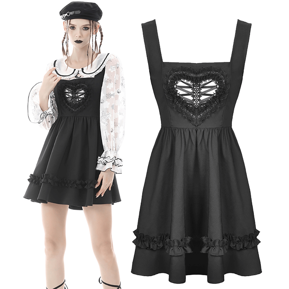 Stylish black Gothic heart-cut mini dress with sweetheart neckline and flared skirt, perfect for romantic occasions.