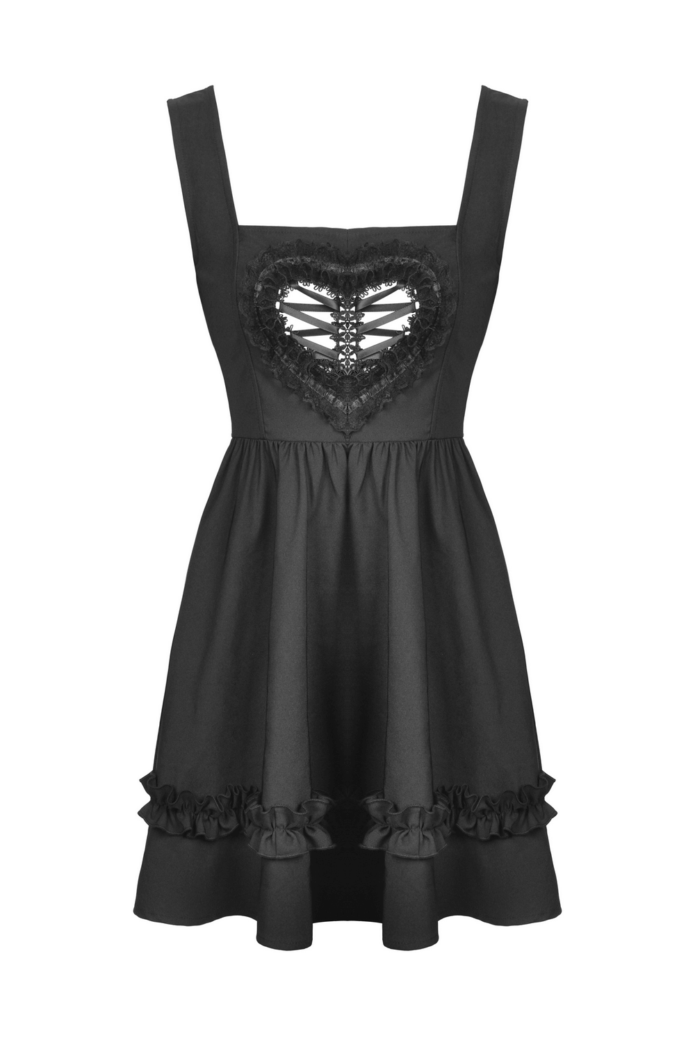 Stylish Gothic black mini dress with heart cutout and flared skirt, perfect for romantic occasions and dramatic entrances.