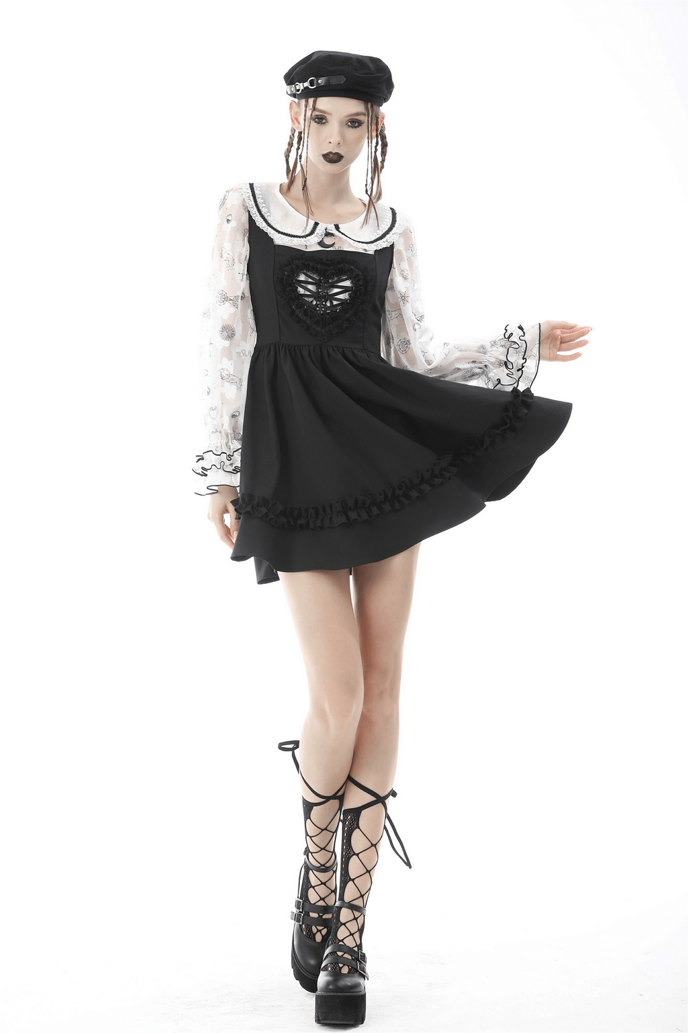Gothic heart-cut lace mini dress with black flared skirt and sheer sleeves, perfect for a dark romantic look.