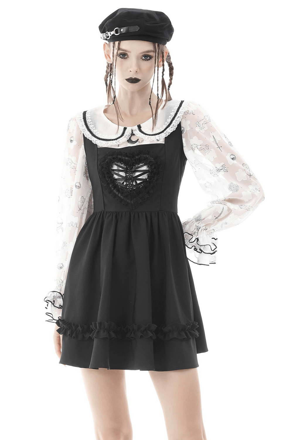 Stylish Gothic heart-cut mini dress for women with sheer long sleeves and fitted bodice in black.