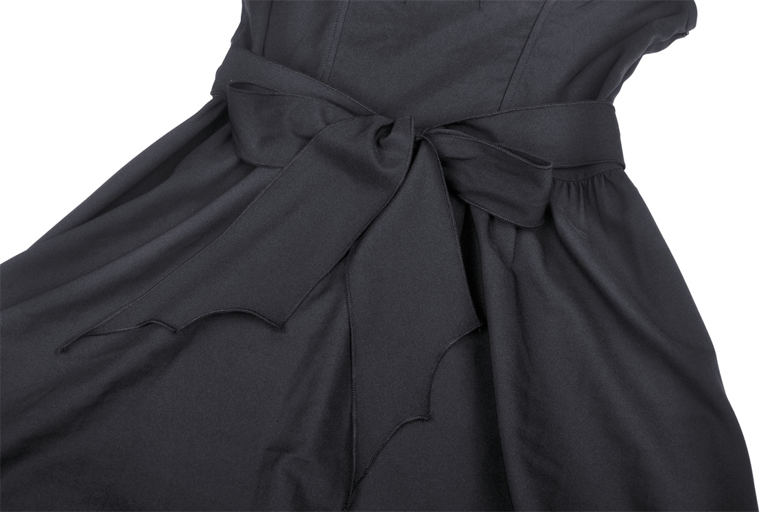 Close-up of the stylish black lace mini dress with a bow detail, showcasing Gothic charm and elegance.