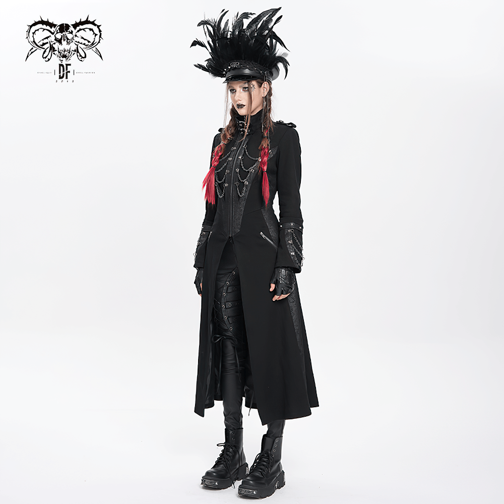 Gothic long coat with chains and high collar, paired with feathered hat, embodies steampunk and Victorian style.