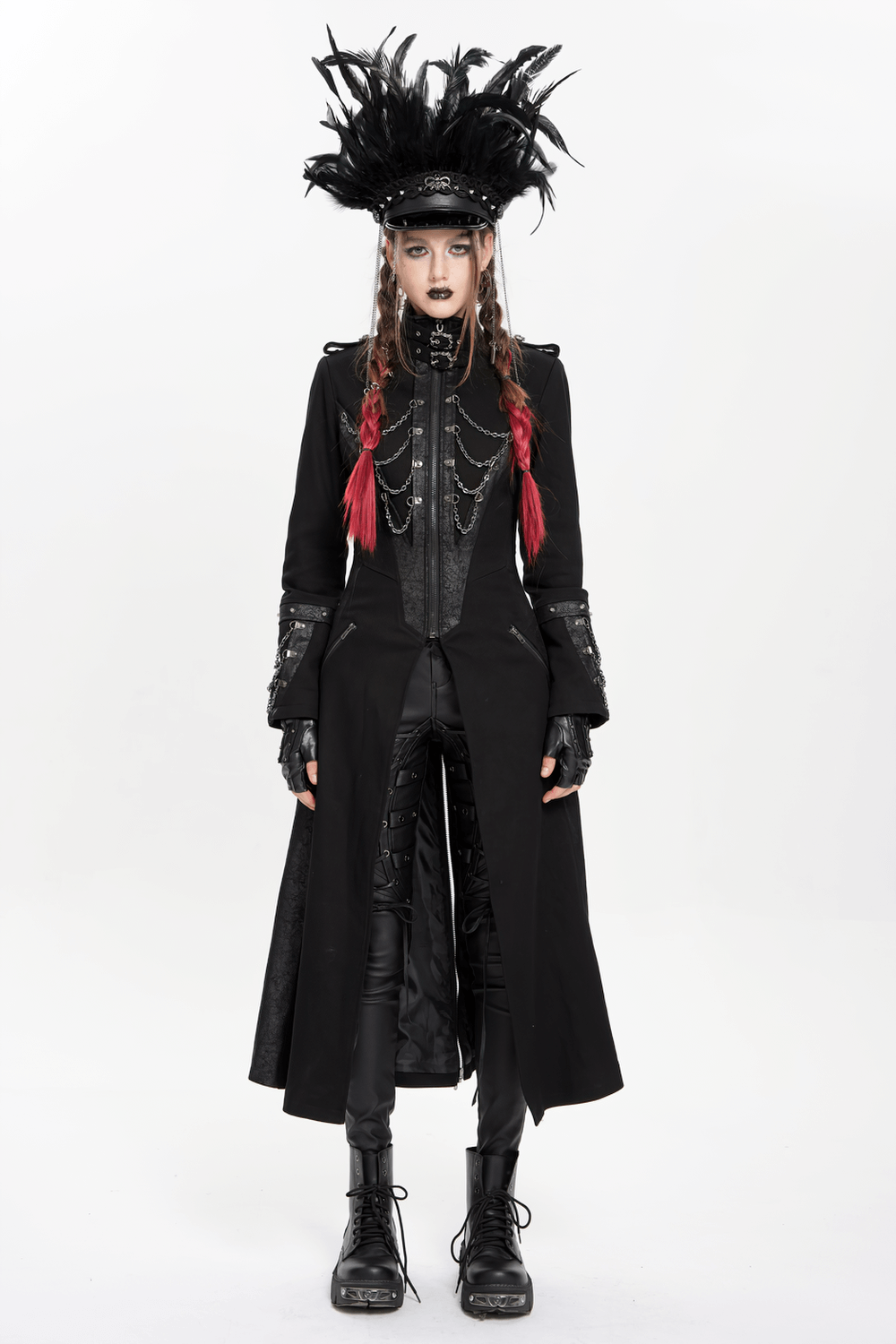 Stylish gothic long coat with chains, high collar, and dramatic feathered hat, perfect for steampunk and alternative fashion.