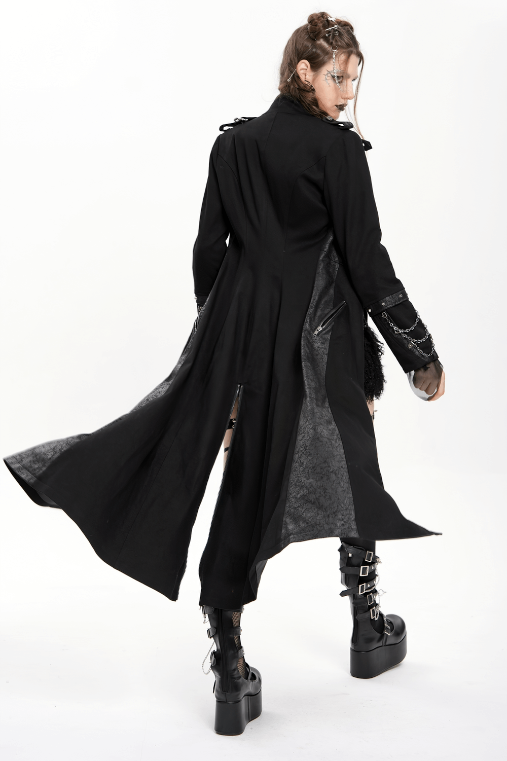 Back view of a stylish gothic long coat featuring chains, high collar, and dramatic length, perfect for steampunk fashion.