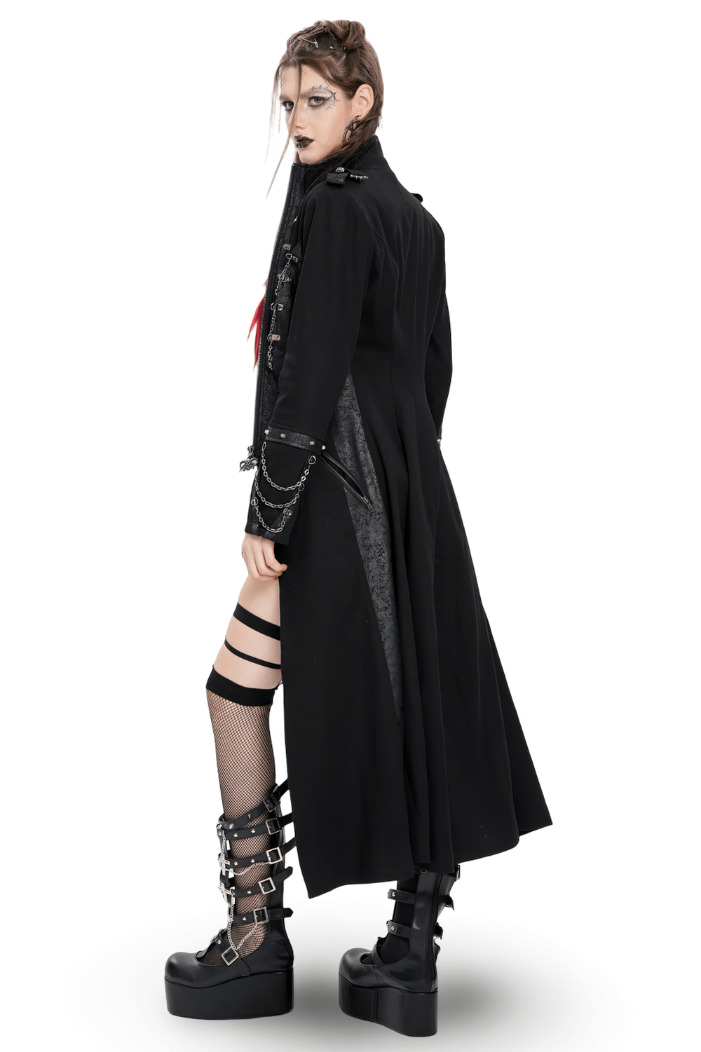 Gothic long coat with chains and high collar, paired with edgy platform boots, showcasing a dramatic, sleek silhouette.
