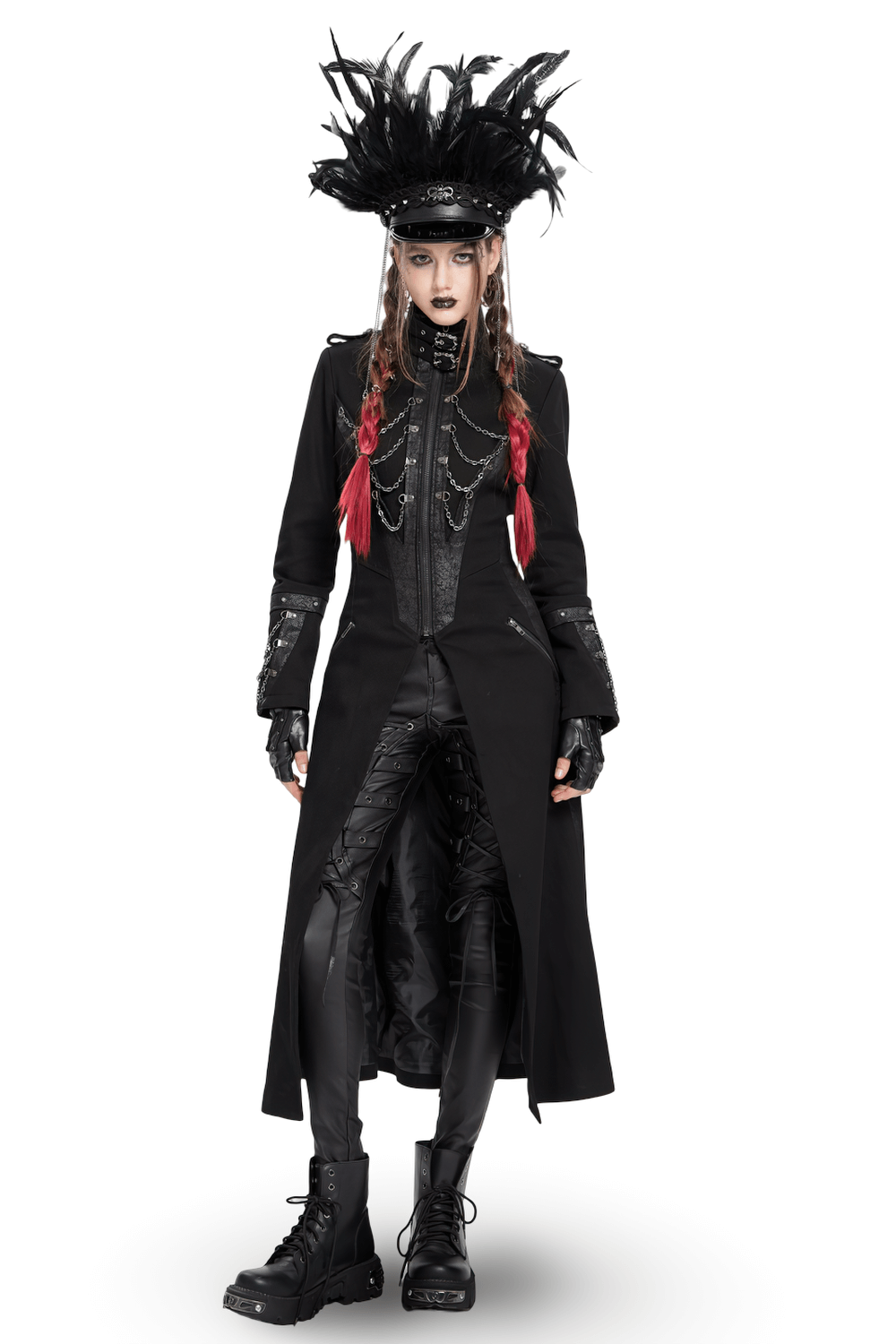 Gothic long coat with chains and high collar, paired with a dramatic feathered hat and edgy accessories.