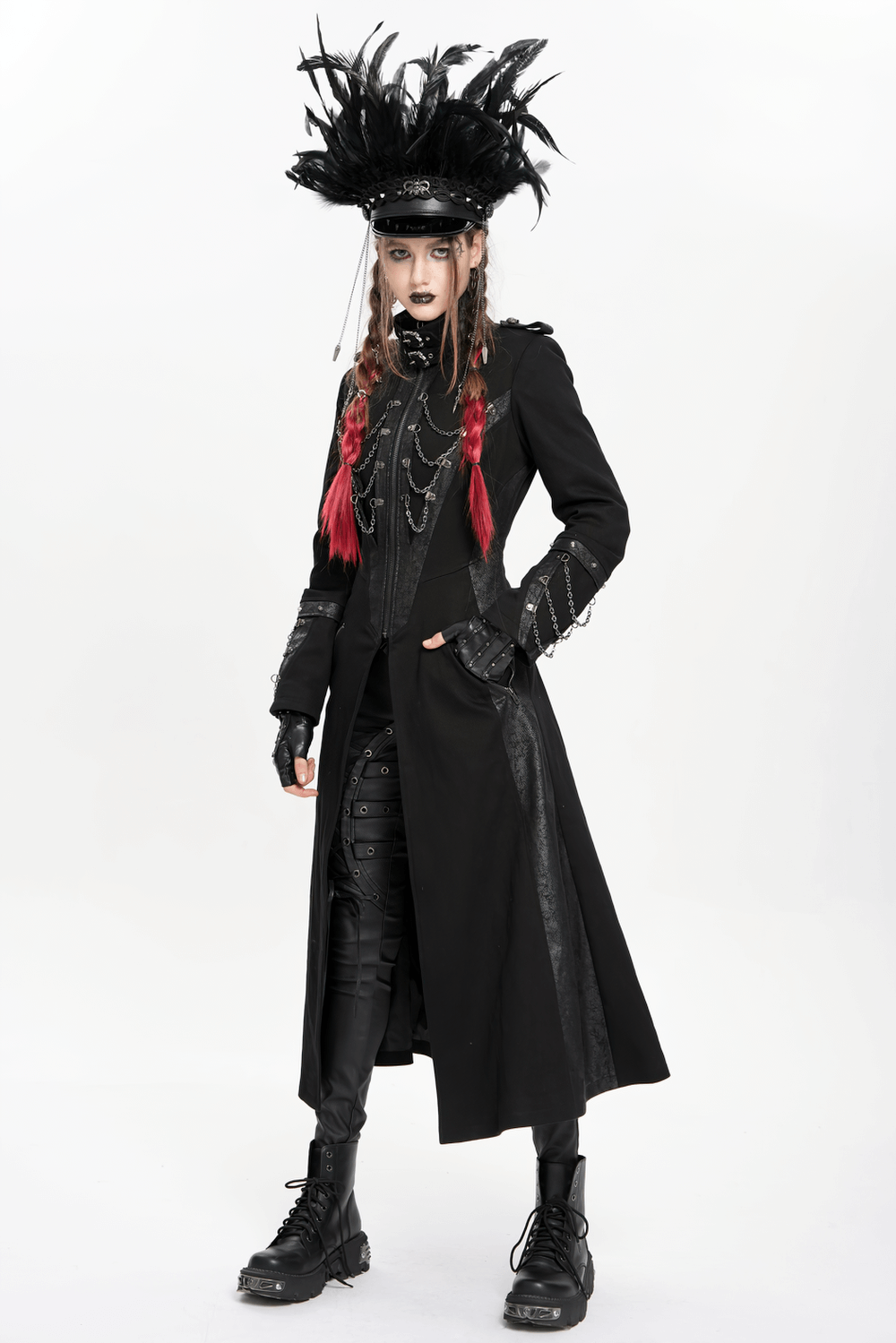 Stylish Gothic long coat with chains and high collar, complemented by bold feathered hat and edgy accessories.