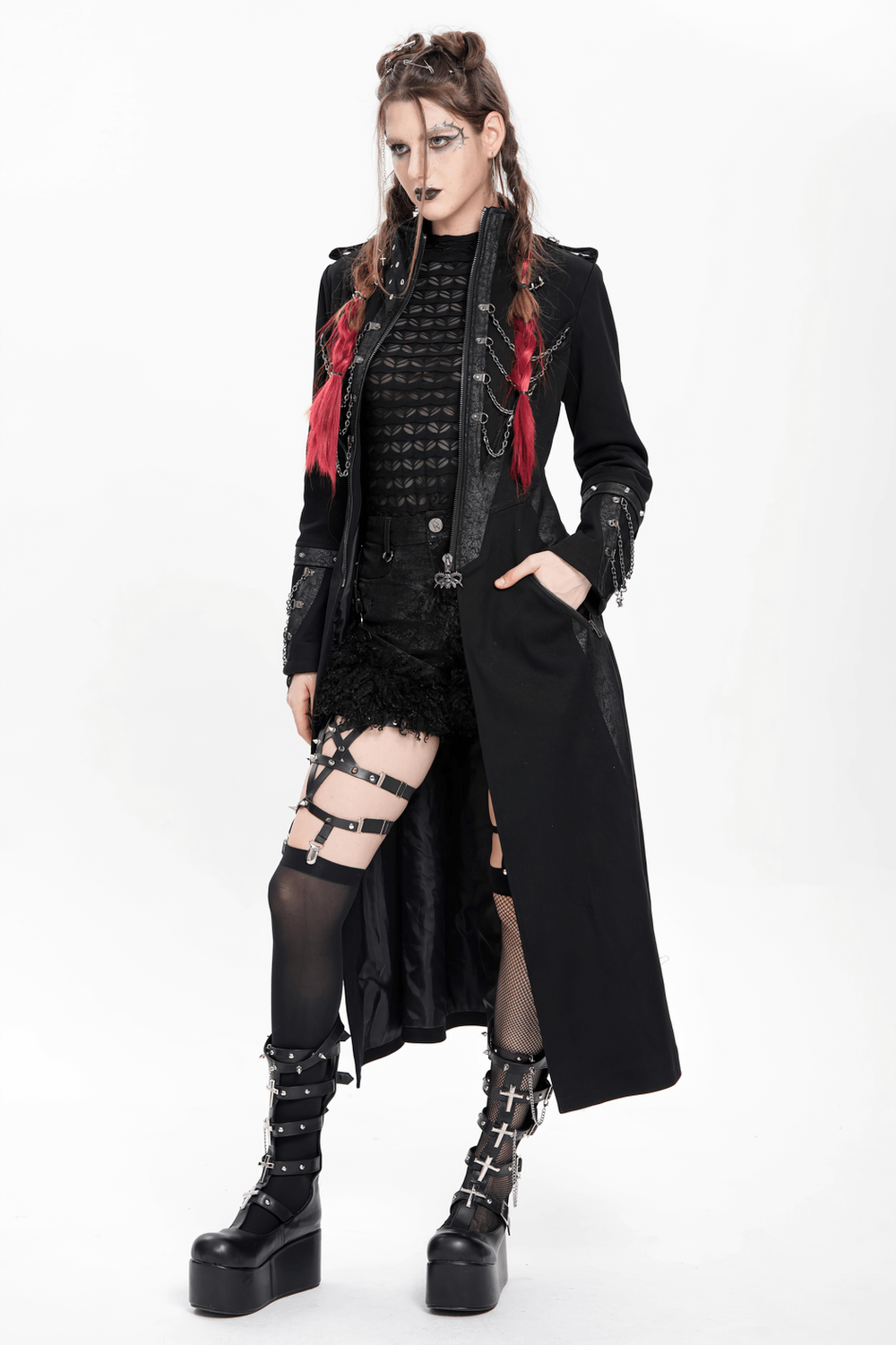Stylish gothic long coat with chains, high collar, and edgy details for alternative fashion enthusiasts.