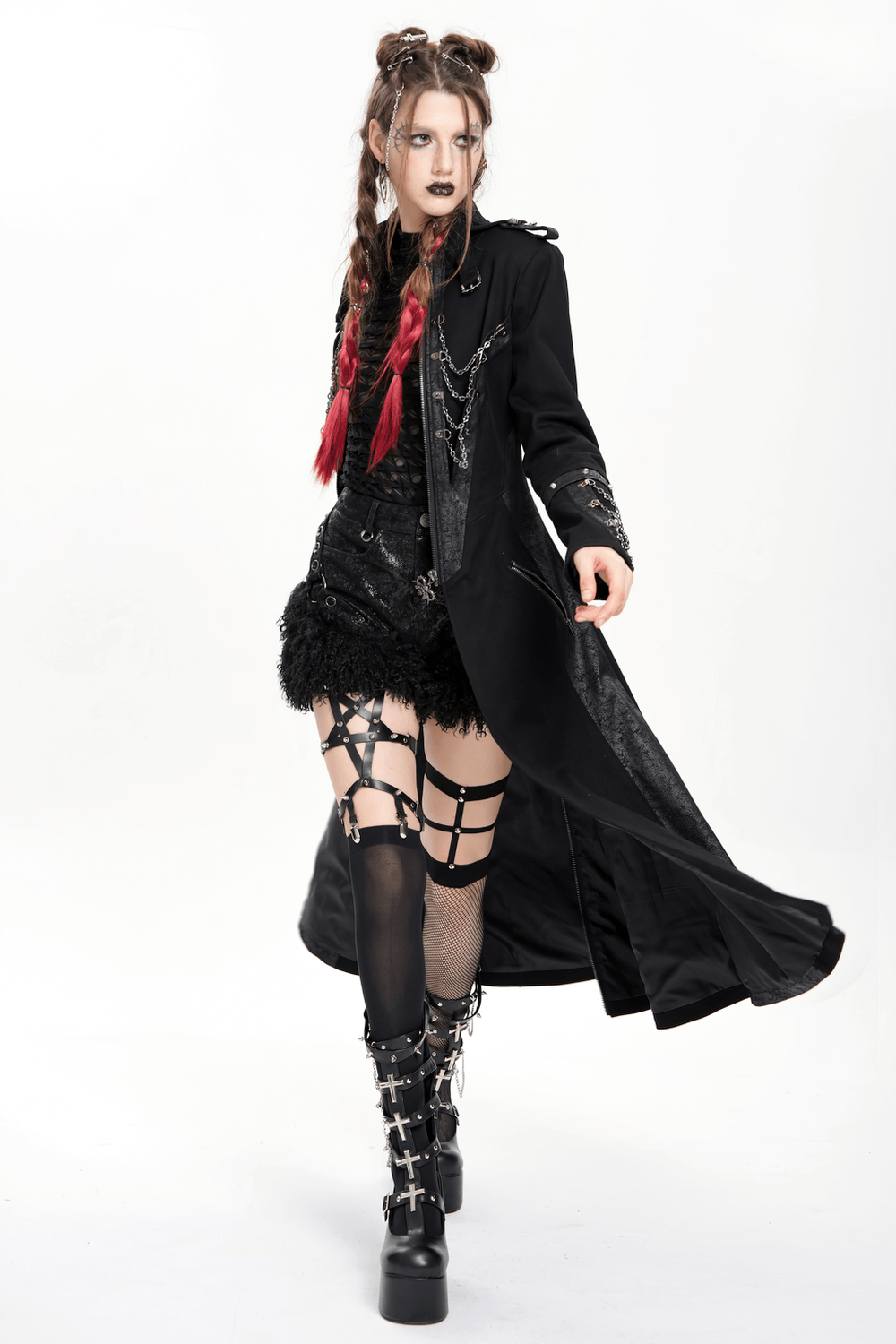 Gothic long coat with chains and high collar, paired with edgy accessories and dramatic styling for steampunk vibes.