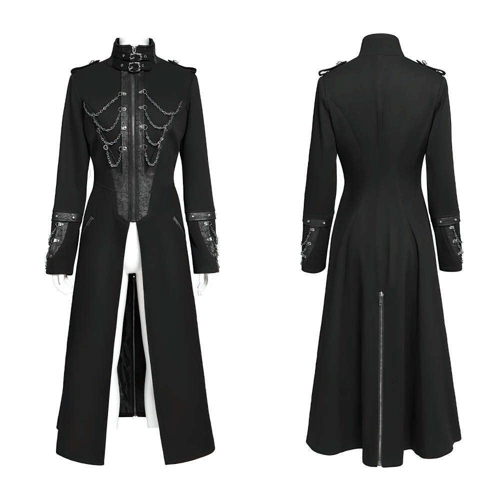 Stylish Gothic long coat featuring chains, high collar, and embossed cuffs, perfect for steampunk and alternative fashion.
