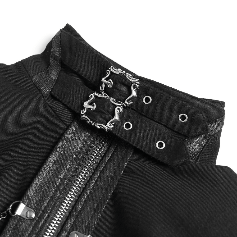 Close-up of high collar and decorative chains on a stylish gothic long coat, showcasing dark elegance.