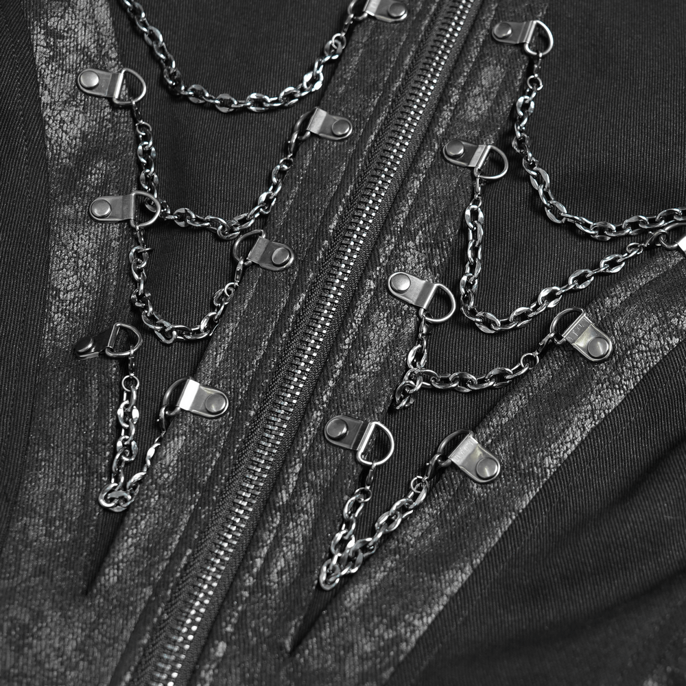 Close-up of chains and zipper detail on a stylish gothic long coat, showcasing dark elegance and unique design.