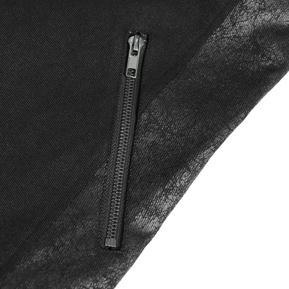 Close-up of a stylish black coat zipper, showcasing its sleek design and quality craftsmanship.