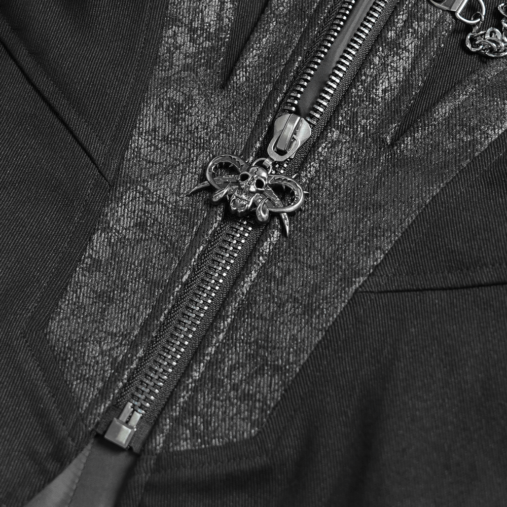 Close-up of stylish gothic long coat zipper with skull embellishment, showcasing intricate detailing and dark elegance.