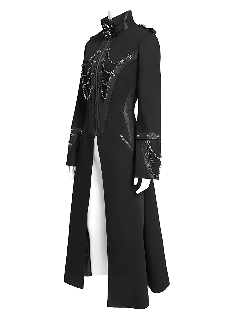 Stylish gothic long coat with chains and high collar, perfect for steampunk and alternative fashion.