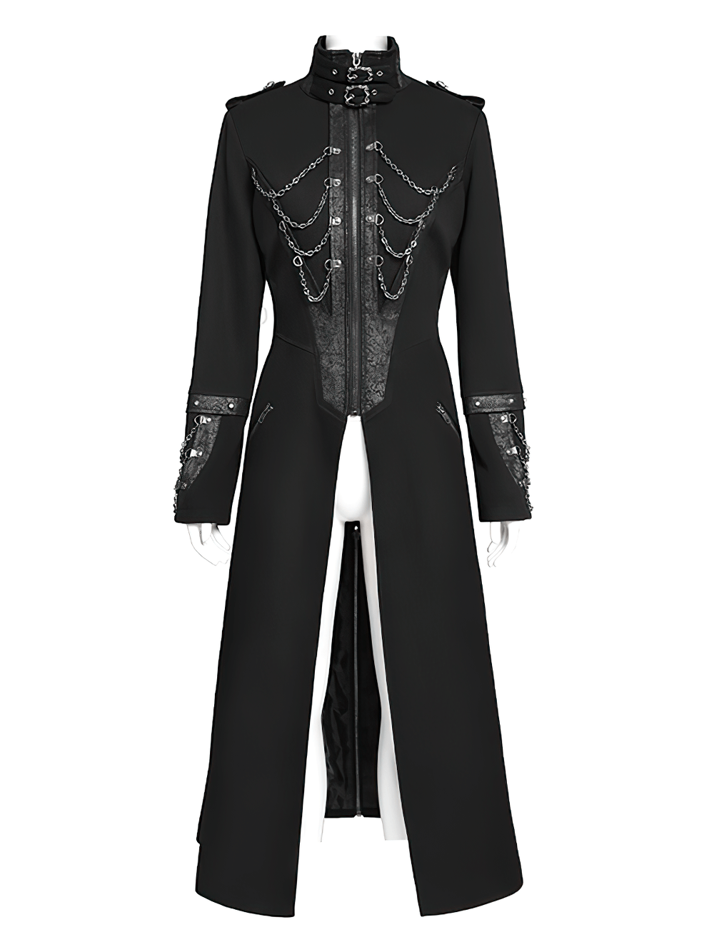 Stylish gothic long coat featuring chains, high collar, and embossed cuffs, perfect for steampunk and alternative fashion.