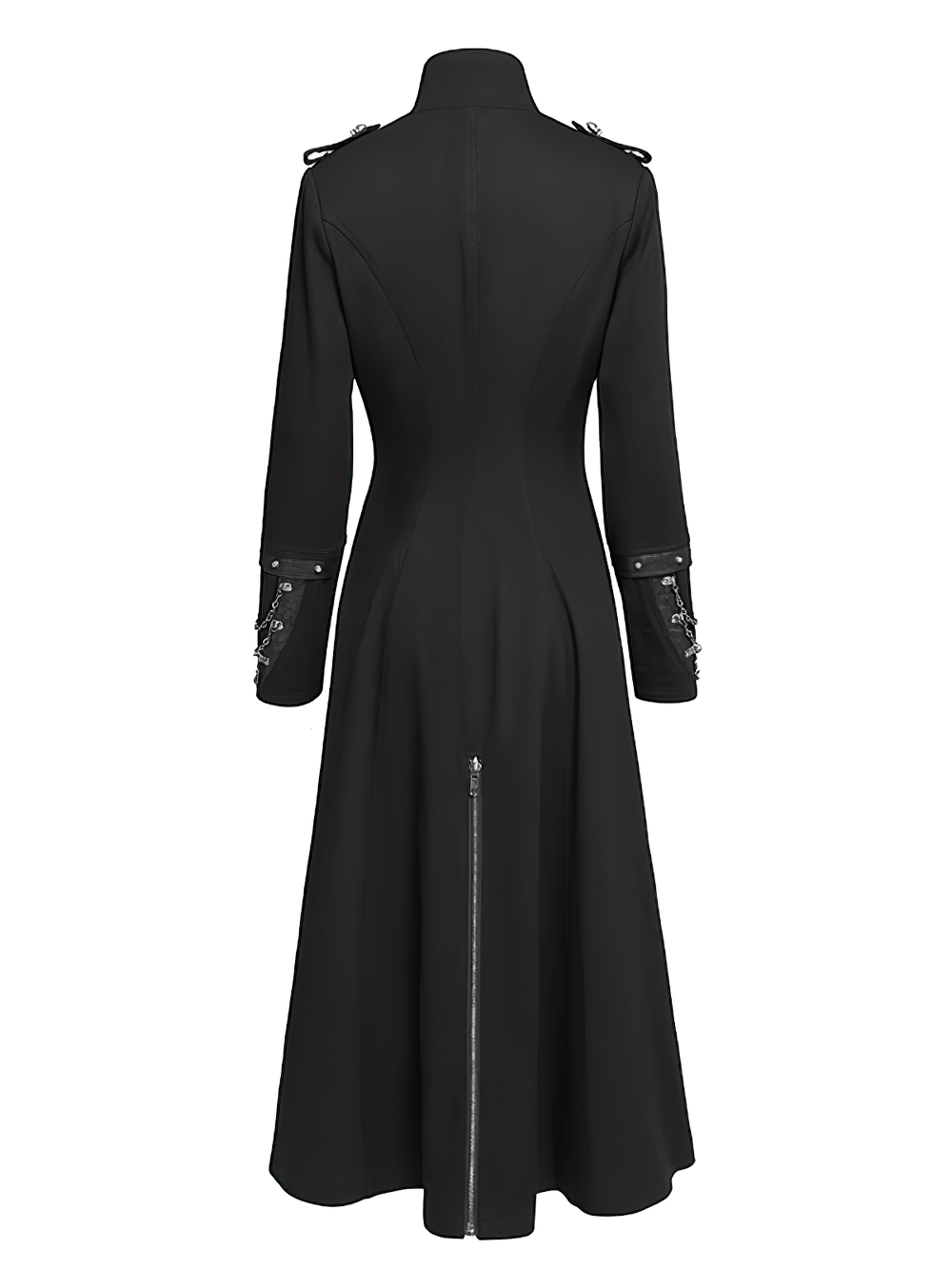 Back view of stylish gothic long coat with chains, high collar, and embossed cuffs, perfect for steampunk fashion.