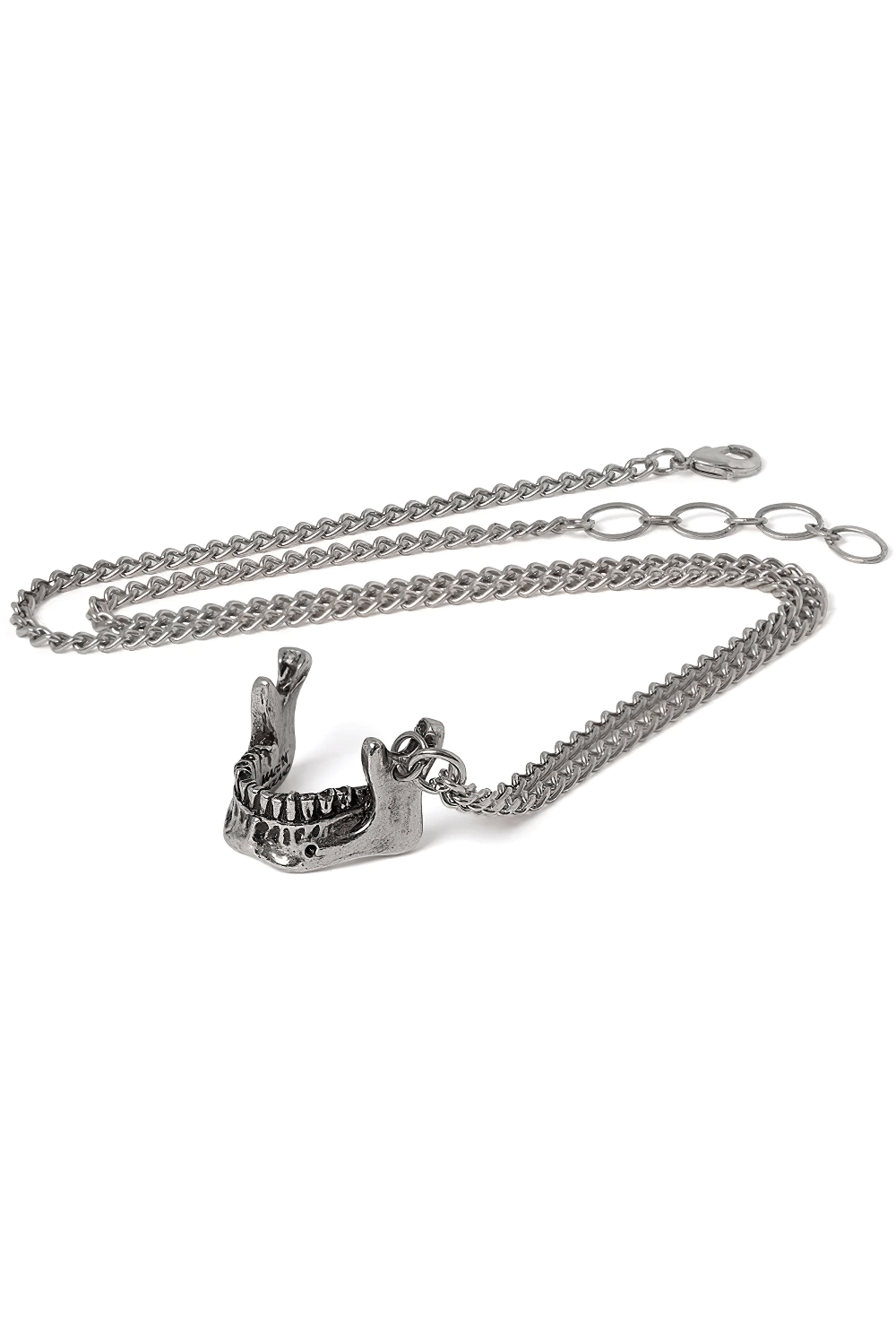 Stylish Gothic Memento Mori Jawbone Chain Pendant in gray fine English pewter on a silver chain.