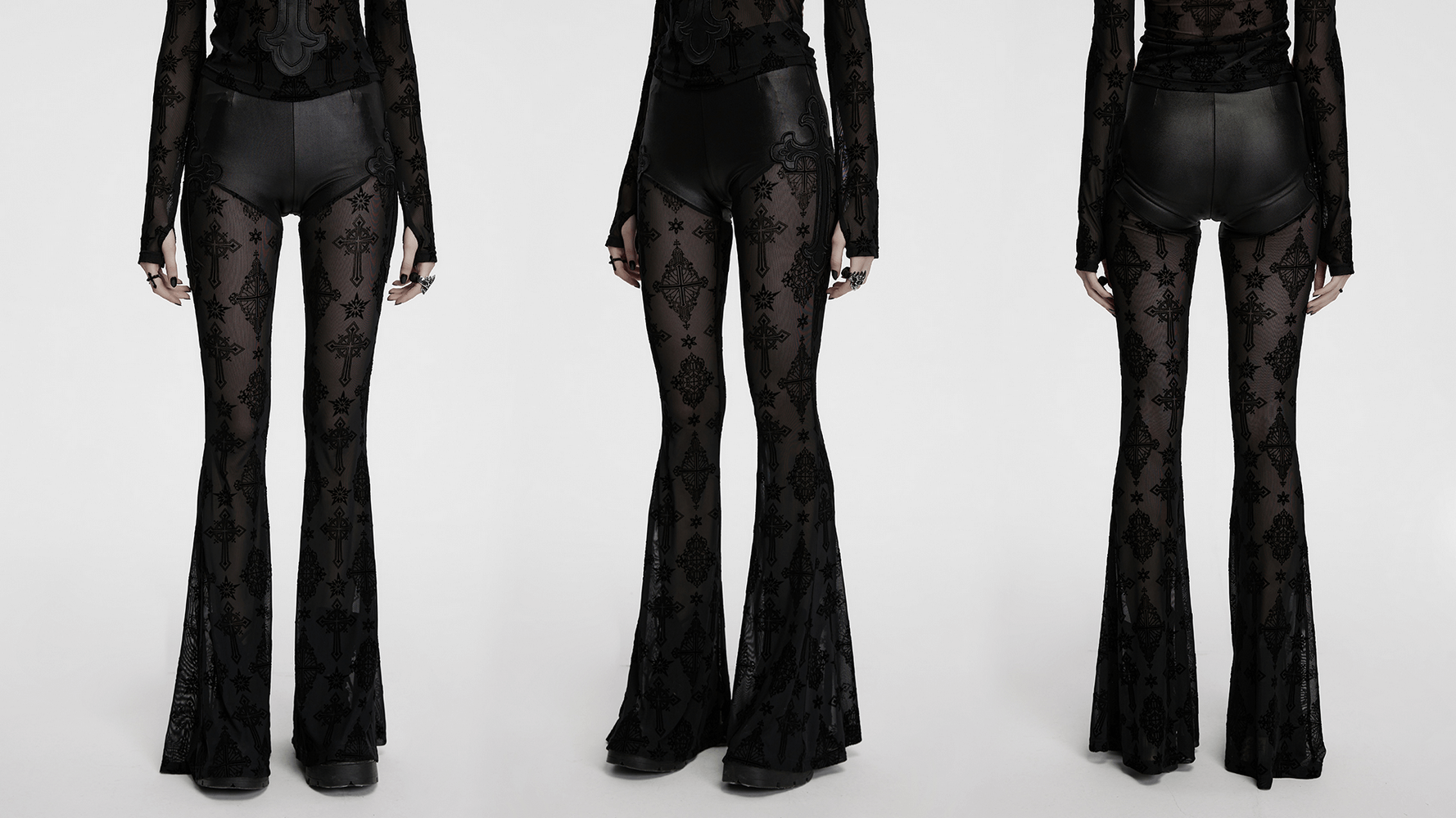 Stylish Gothic flared pants featuring elastic flocked mesh and faux leather, showcasing intricate cross embroidery.