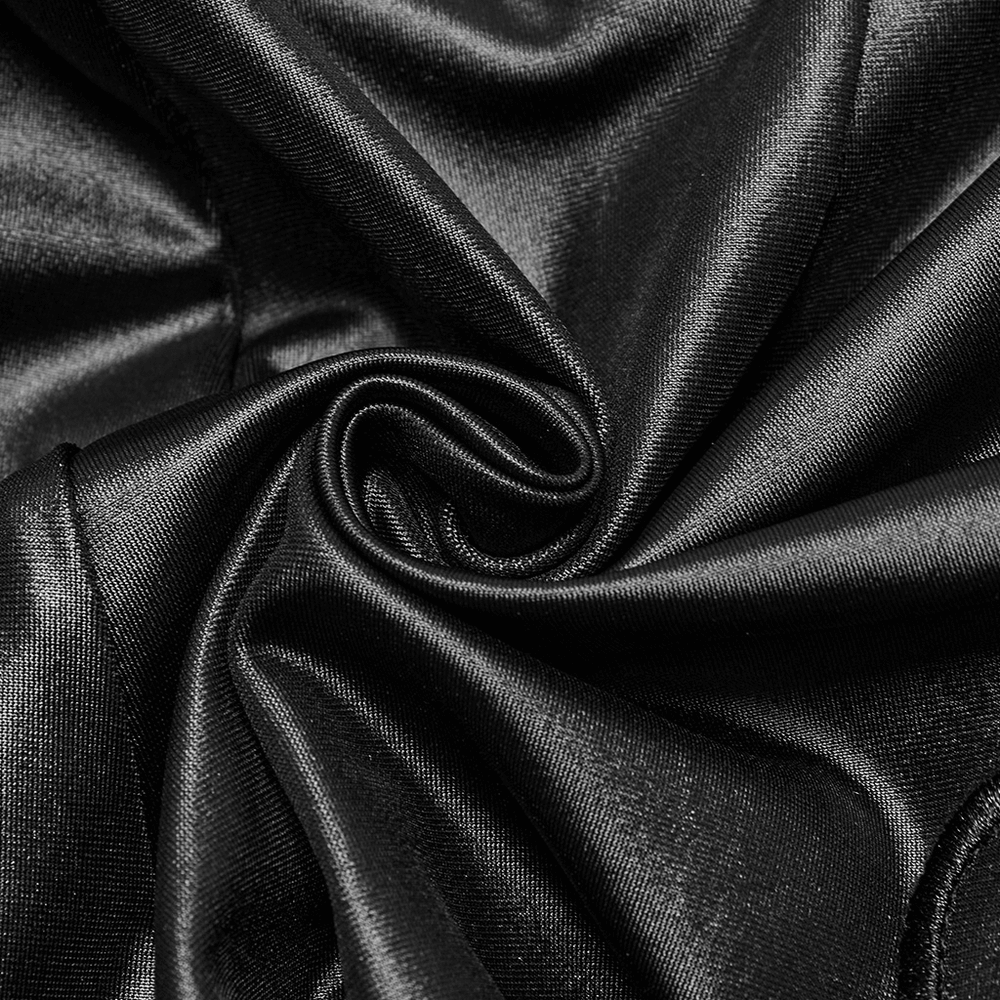 Close-up of luxurious glossy black fabric showcasing smooth, silky texture for gothic-style apparel.