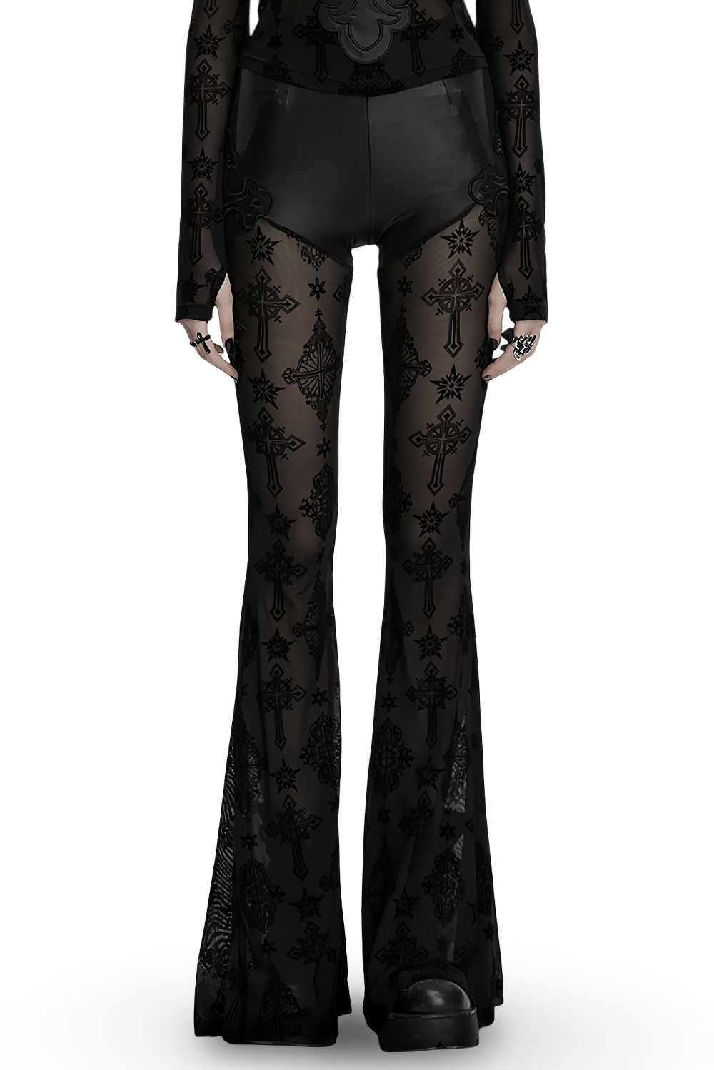Stylish gothic flare pants with cross flocking design in mesh and faux leather, perfect for a dark, edgy look.
