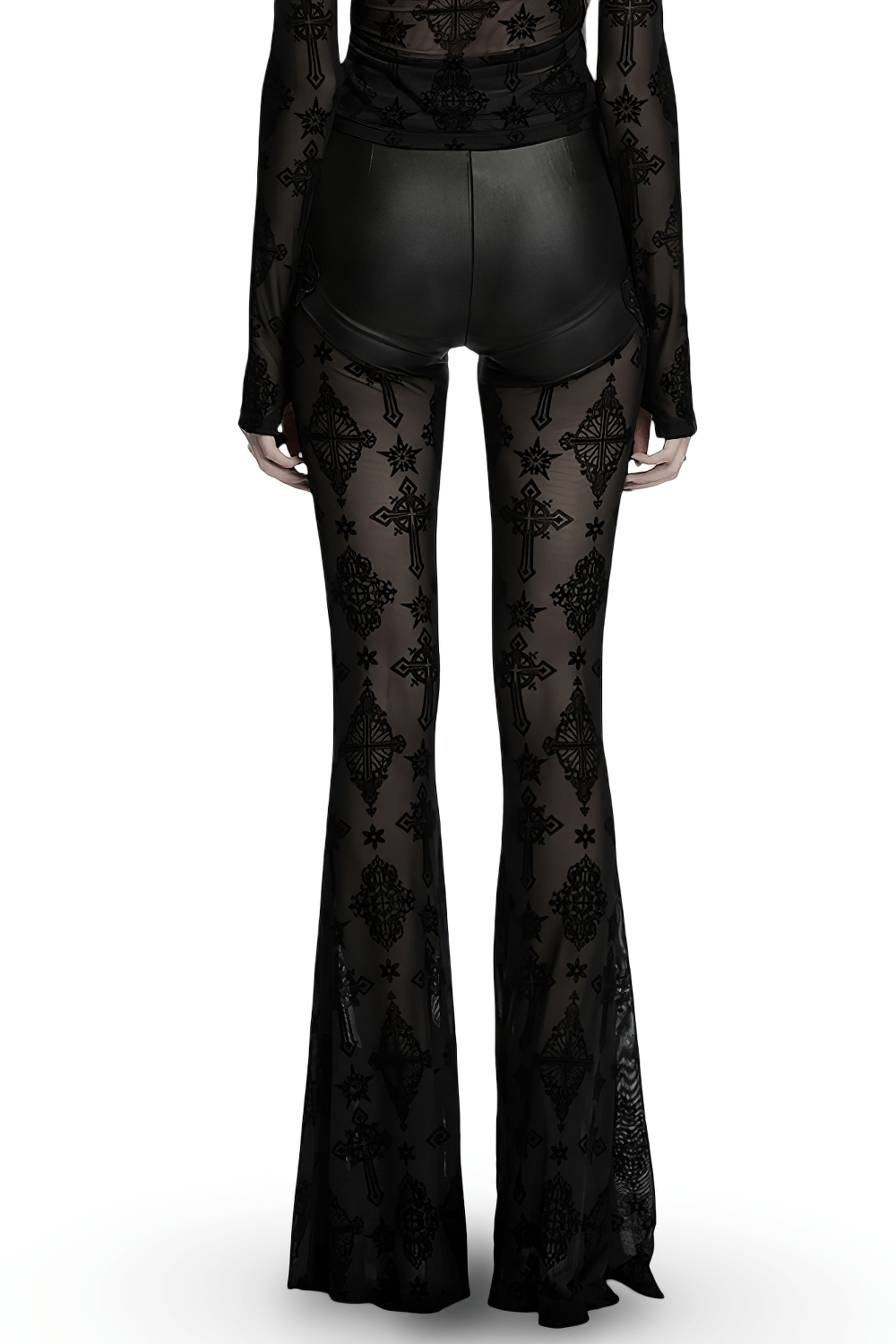 Stylish Gothic mesh and faux leather flared pants with intricate cross embroidery, showcasing a daringly layered look.