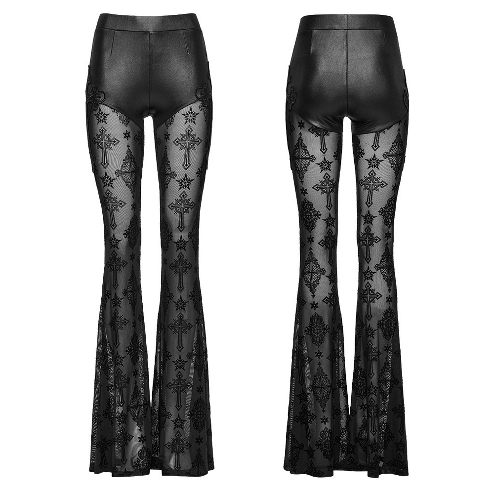 Stylish Gothic flared pants featuring mesh and faux leather with cross embroidery for a dark, edgy look.