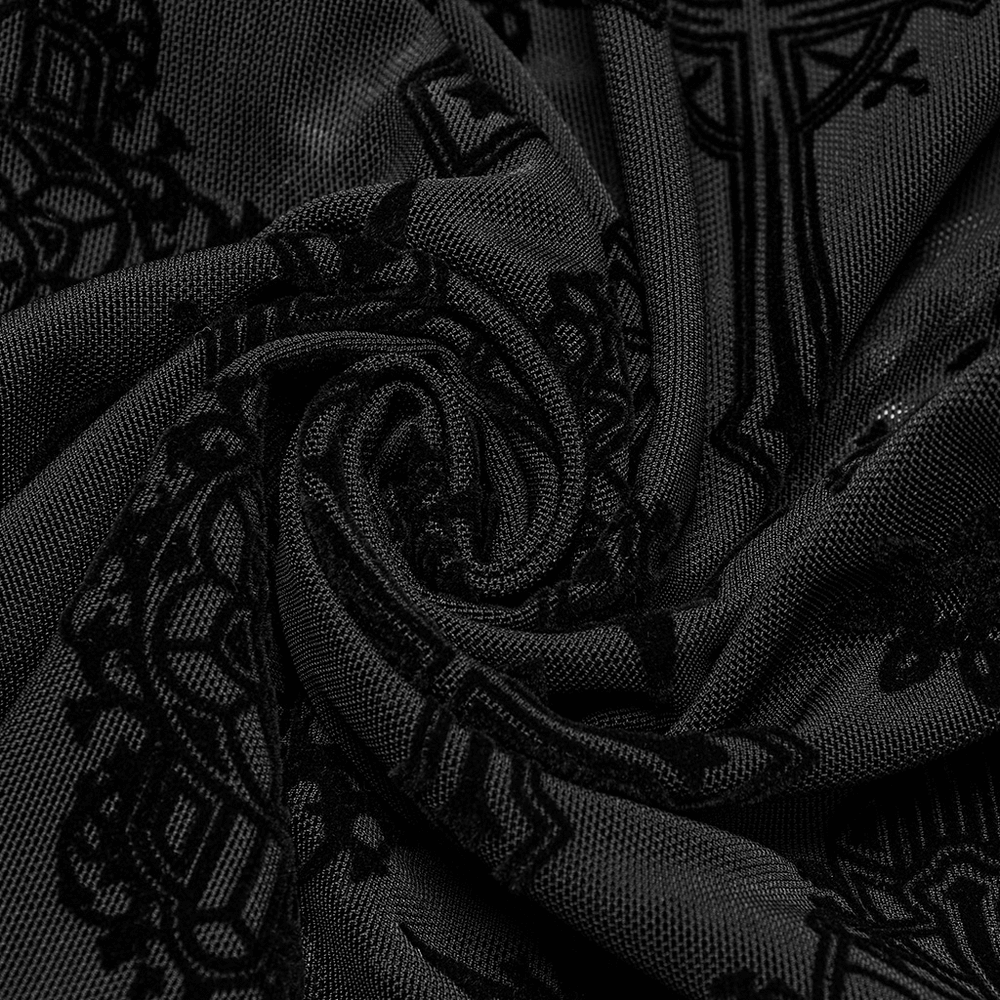 Close-up of black gothic flocking mesh fabric with intricate cross embroidered patterns, showcasing its textured detail.