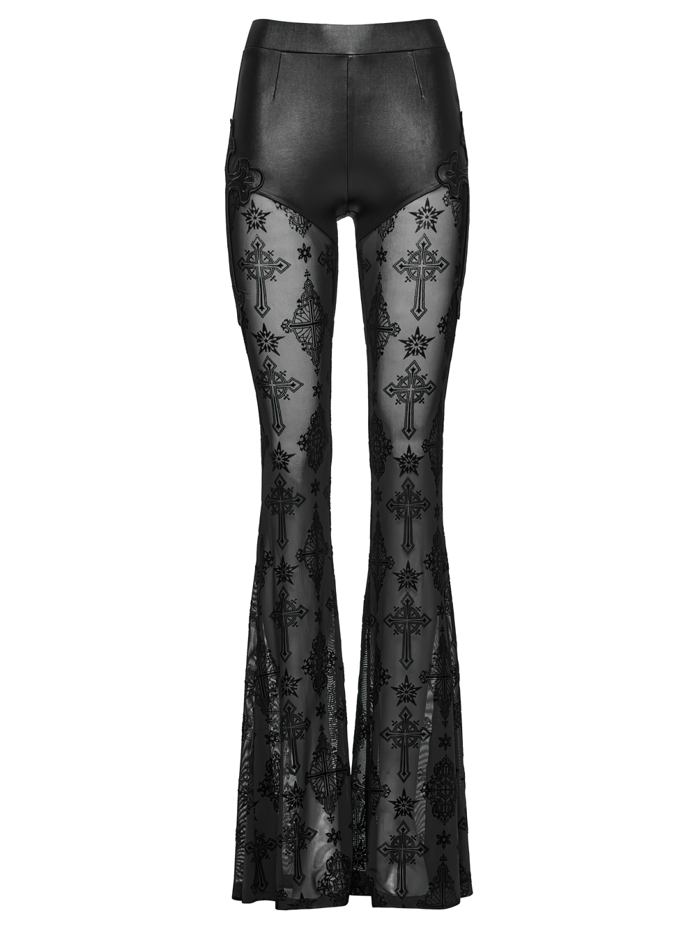 Stylish gothic mesh and faux leather flared pants with cross embroidery and layered texture for a dramatic look.