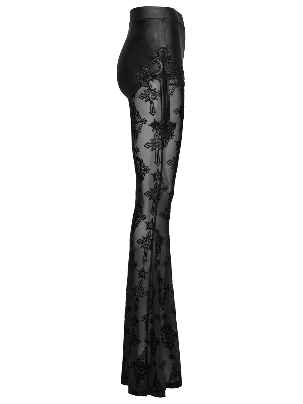 Stylish Gothic flared pants with cross embroidery and mesh panels, blending faux leather and dark elegance.