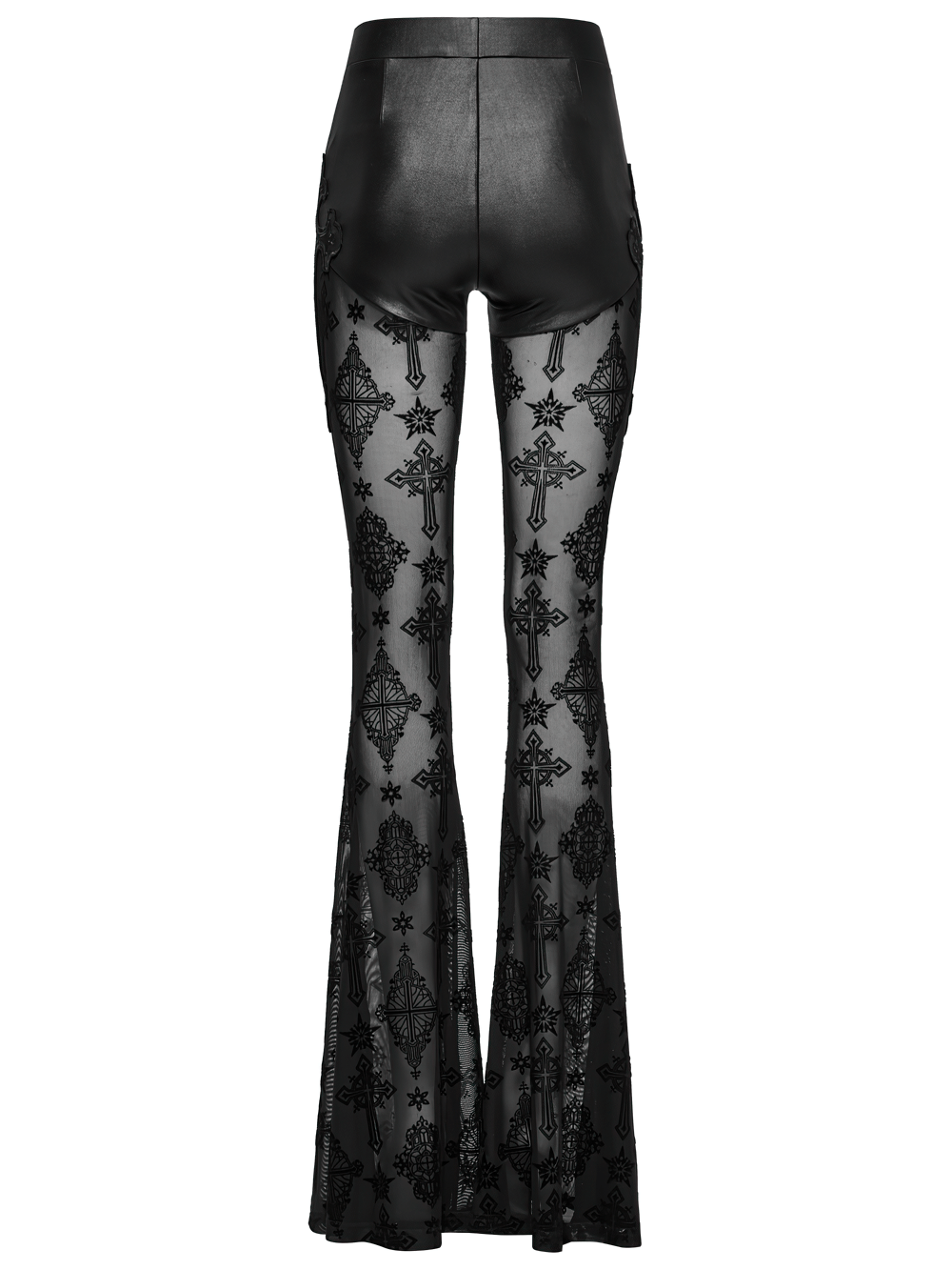Stylish gothic mesh and faux leather flared pants with embroidered details, showcasing unique layered contrast.