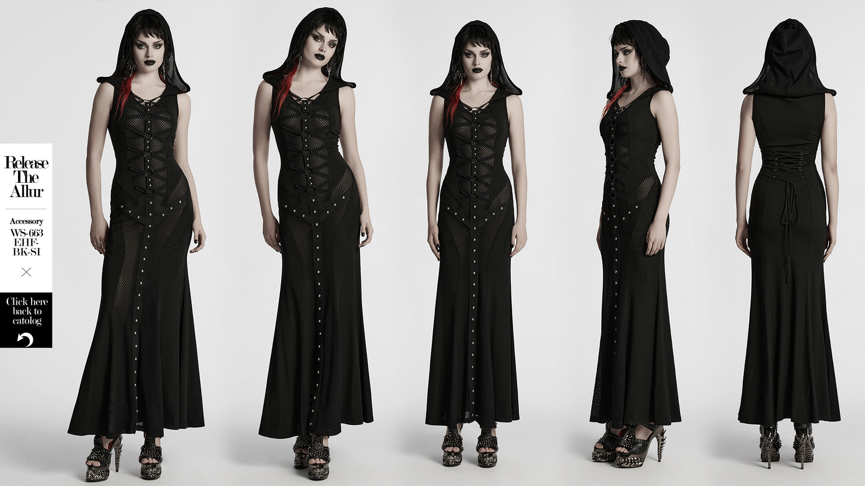 Stylish Gothic hooded dress featuring mesh panels and striking metal details, perfect for edgy fashion lovers.