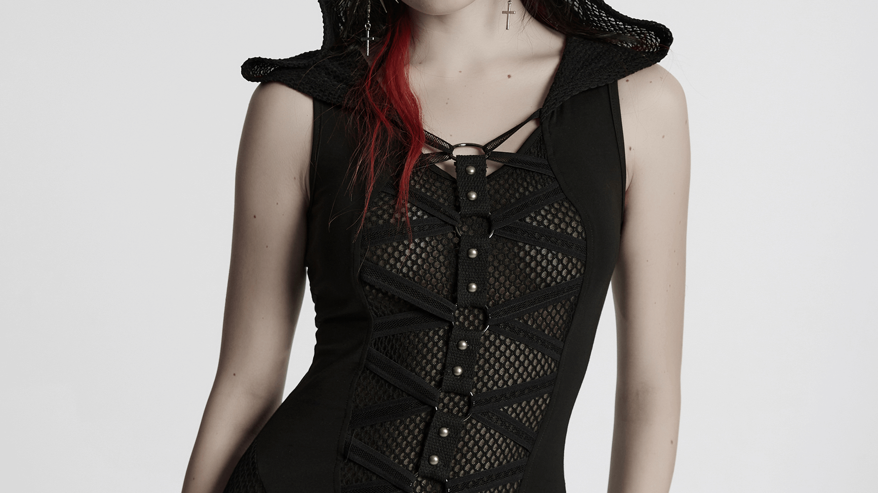 Stylish gothic mesh panel hooded dress with striking metal details and a unique design.