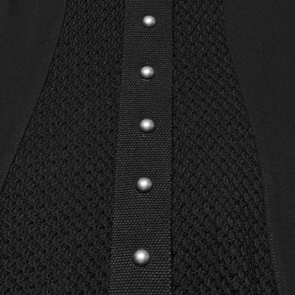 Close-up of a stylish gothic dress showing mesh panel and metal buttons for a bold, edgy look.