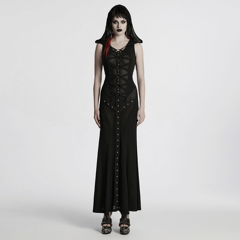 Stylish gothic hooded dress featuring mesh panels and striking metal details for a unique, edgy look.