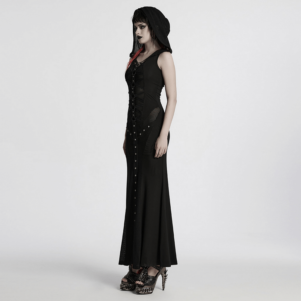 Stylish Gothic hooded dress featuring mesh panels and metal details, perfect for edgy fashion enthusiasts.