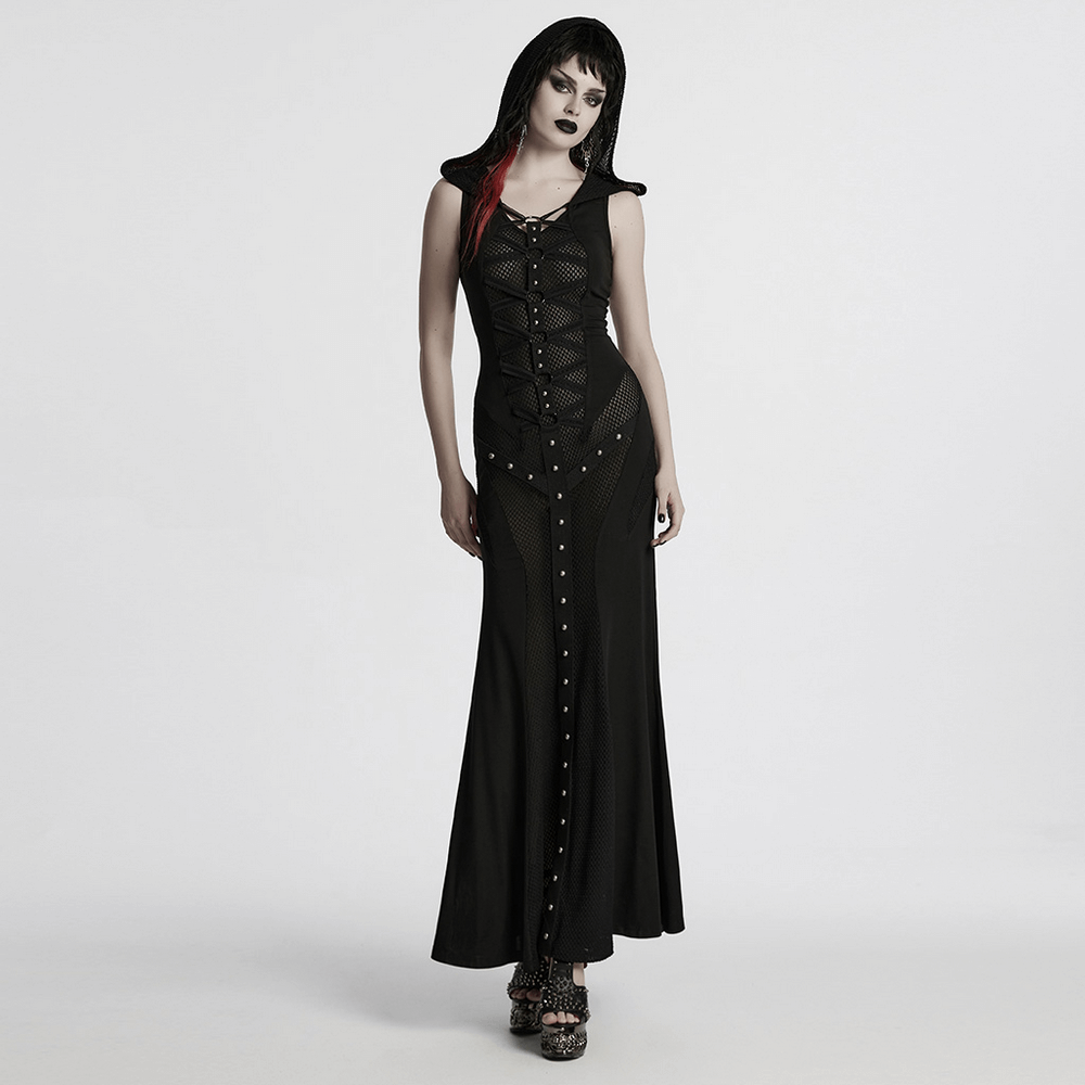 Stylish Gothic hooded dress with mesh panels and metal details, perfect for a bold, edgy look.