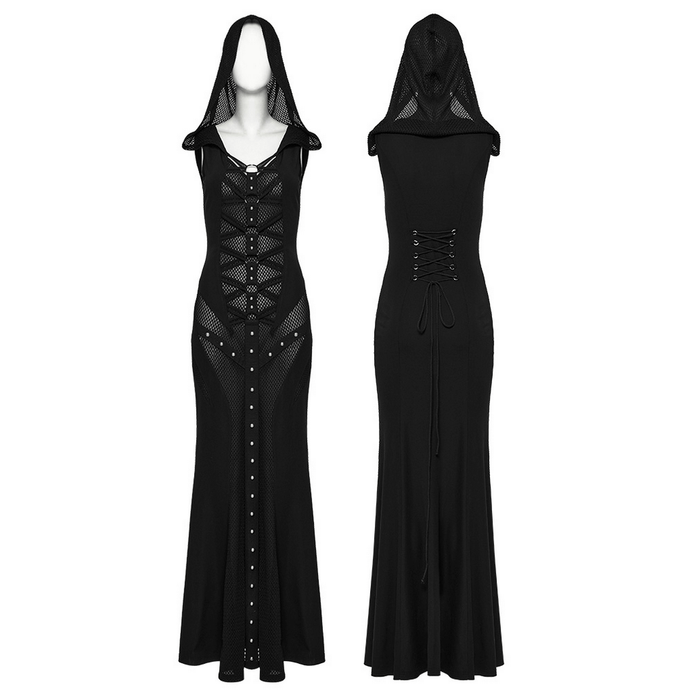 Stylish Gothic Mesh Panel Hooded Dress with Metal Details Stylish Gothic Mesh Panel Hooded Dress with Metal Details