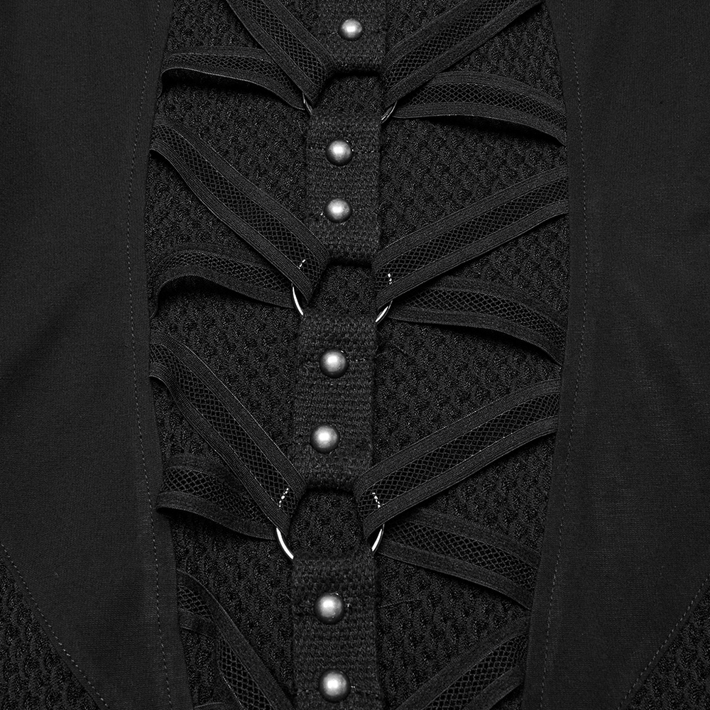 Close-up of stylish gothic mesh panel dress featuring sleek metal details and intricate lace-up design.