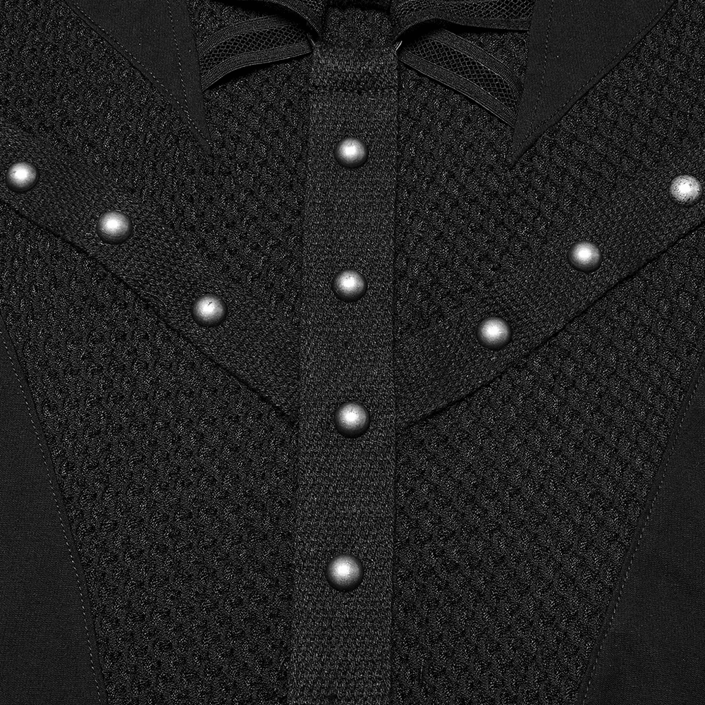 Close-up of stylish Gothic dress featuring mesh panel and metal embellishments, perfect for a dramatic look.