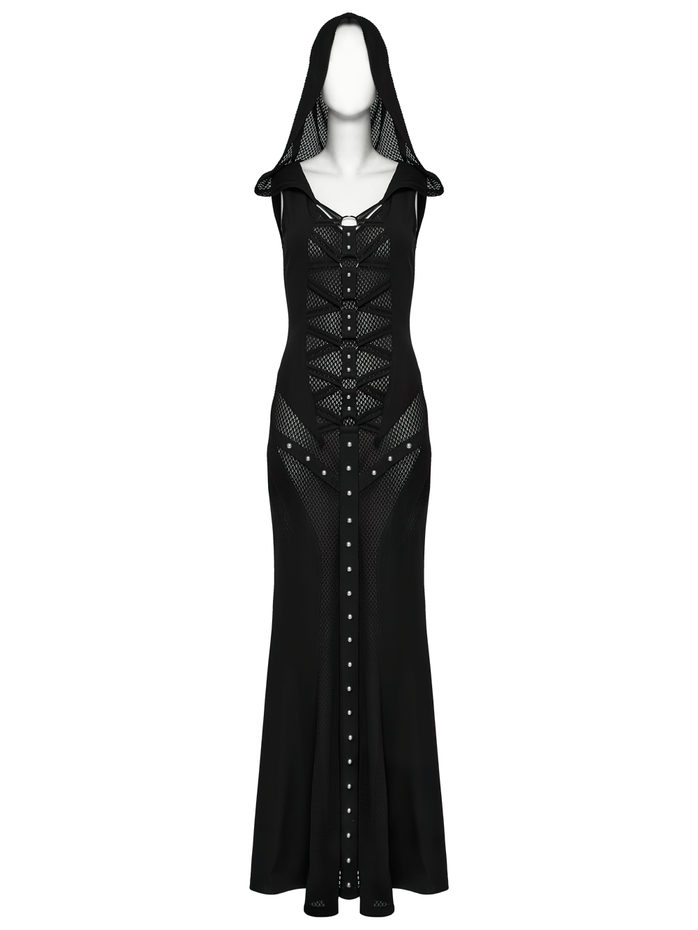 Stylish black gothic dress with mesh panels, hood, and metal detailing, perfect for edgy fashion lovers.