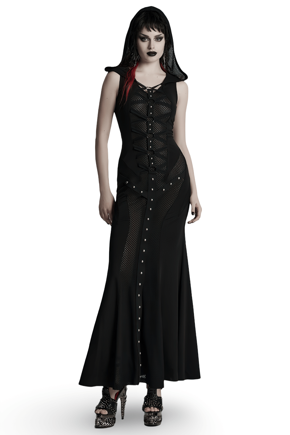 Stylish gothic mesh panel hooded dress with metal details, featuring a lace-up front and a sleek silhouette.
