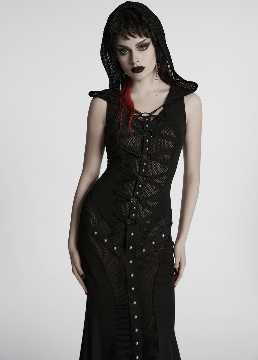 Stylish Gothic mesh panel hooded dress featuring edgy metal details, perfect for a bold look.